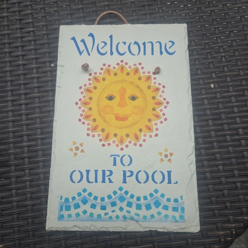 Slate Handpainted Welcome To Our Pool Celestial Sun Sign Beach Waves 12